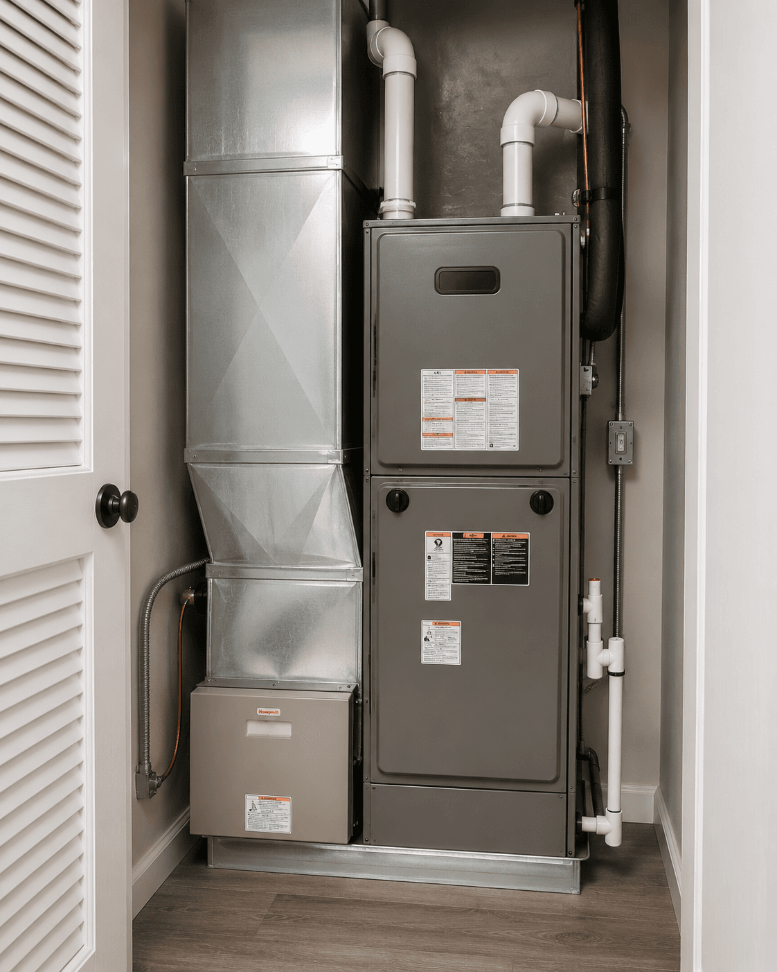 Indoor furnace and air handler with ductwork in a clean mechanical closet
