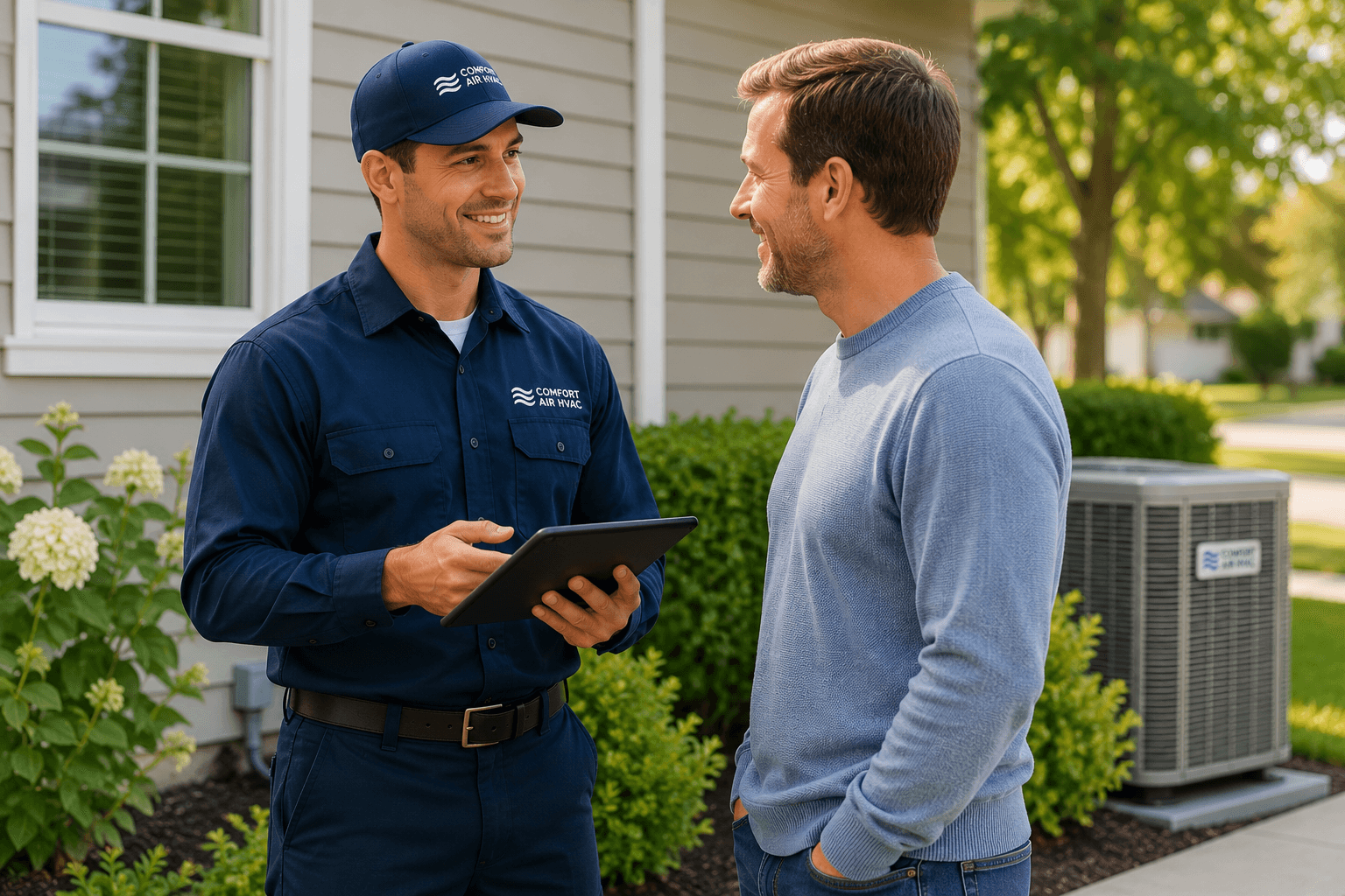 Technician explaining system options to a homeowner beside an outdoor AC unit
