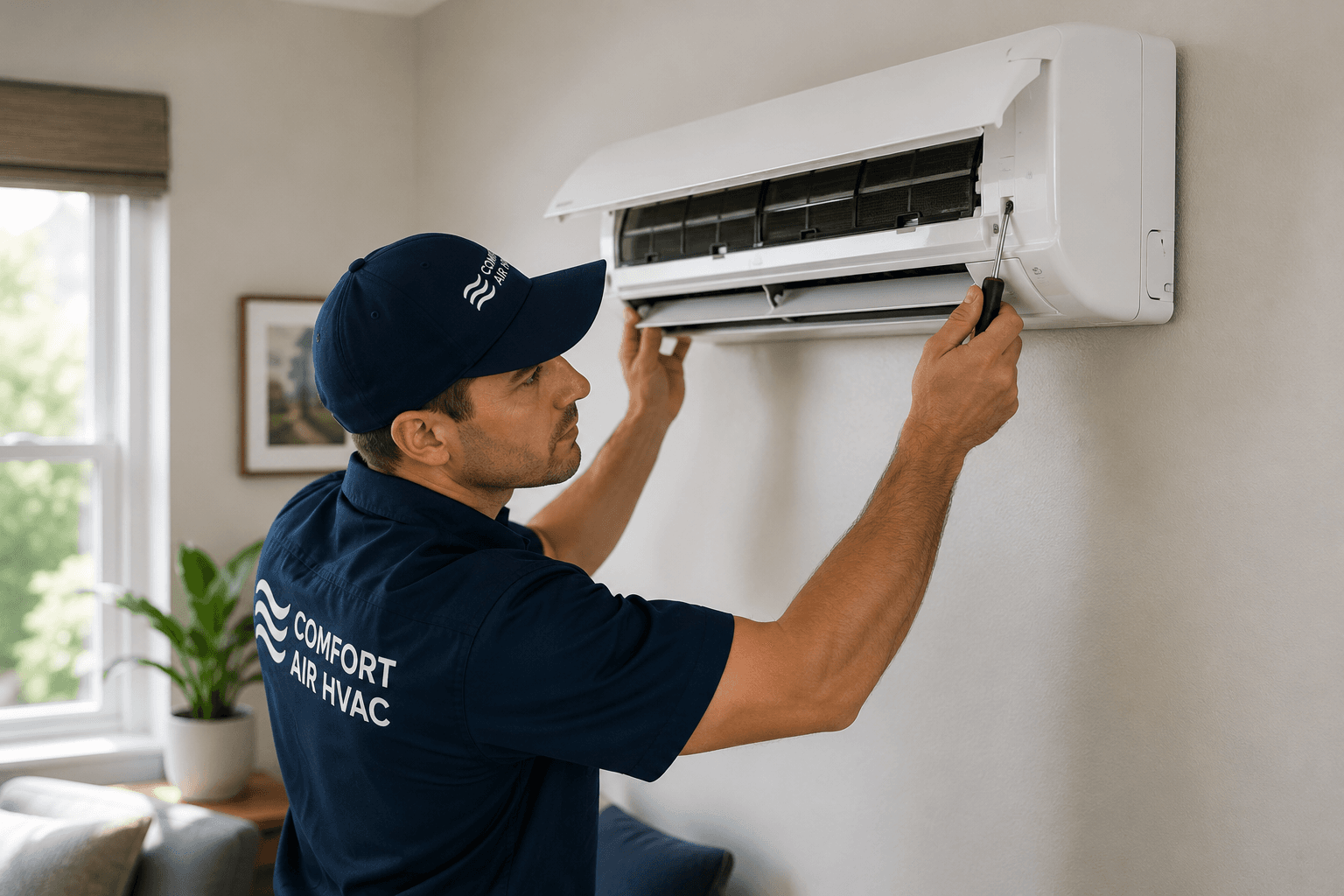Technician servicing a wall-mounted ductless mini-split indoor unit