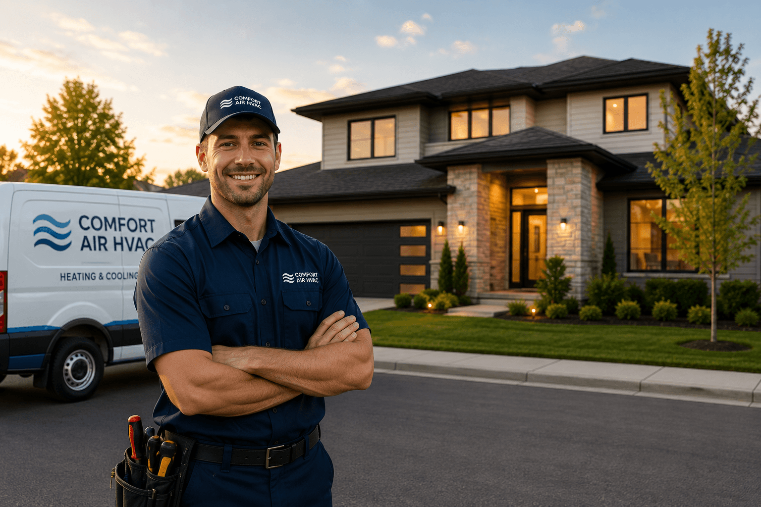 HVAC technician standing in front of a service van and suburban home at sunset