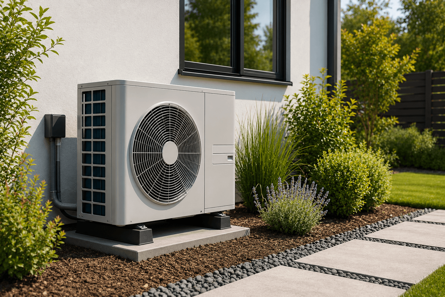 Modern outdoor heat pump unit installed in a landscaped residential yard
