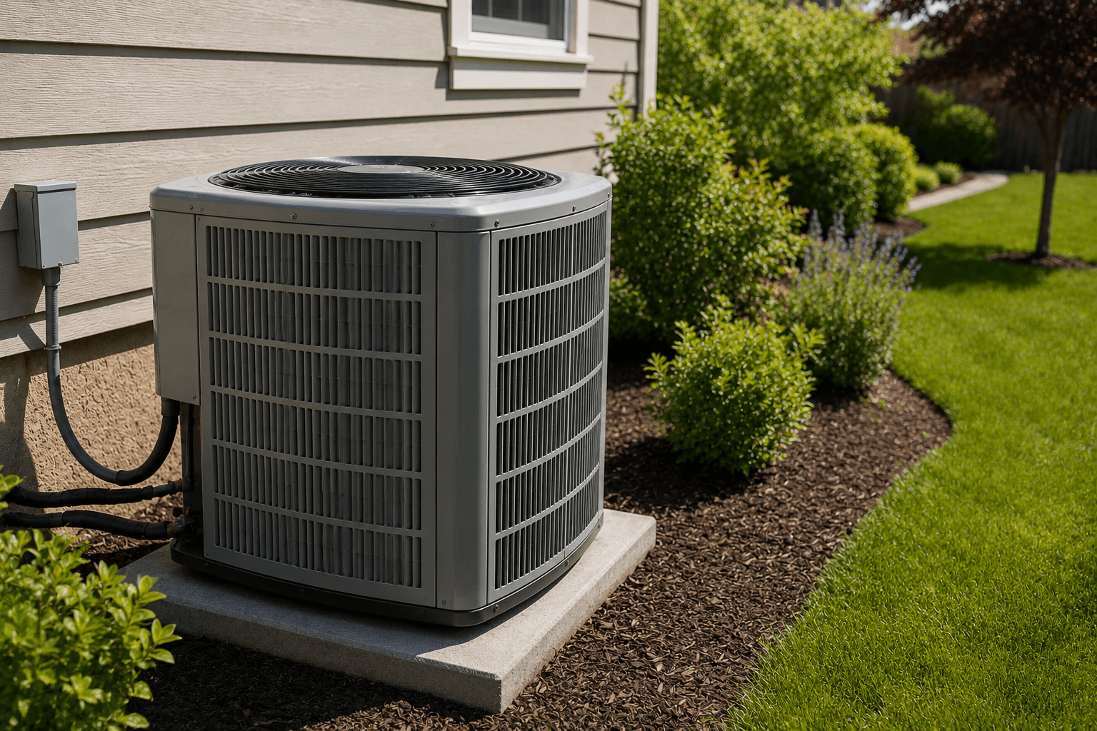 Modern outdoor air conditioning condenser installed beside a residential home
