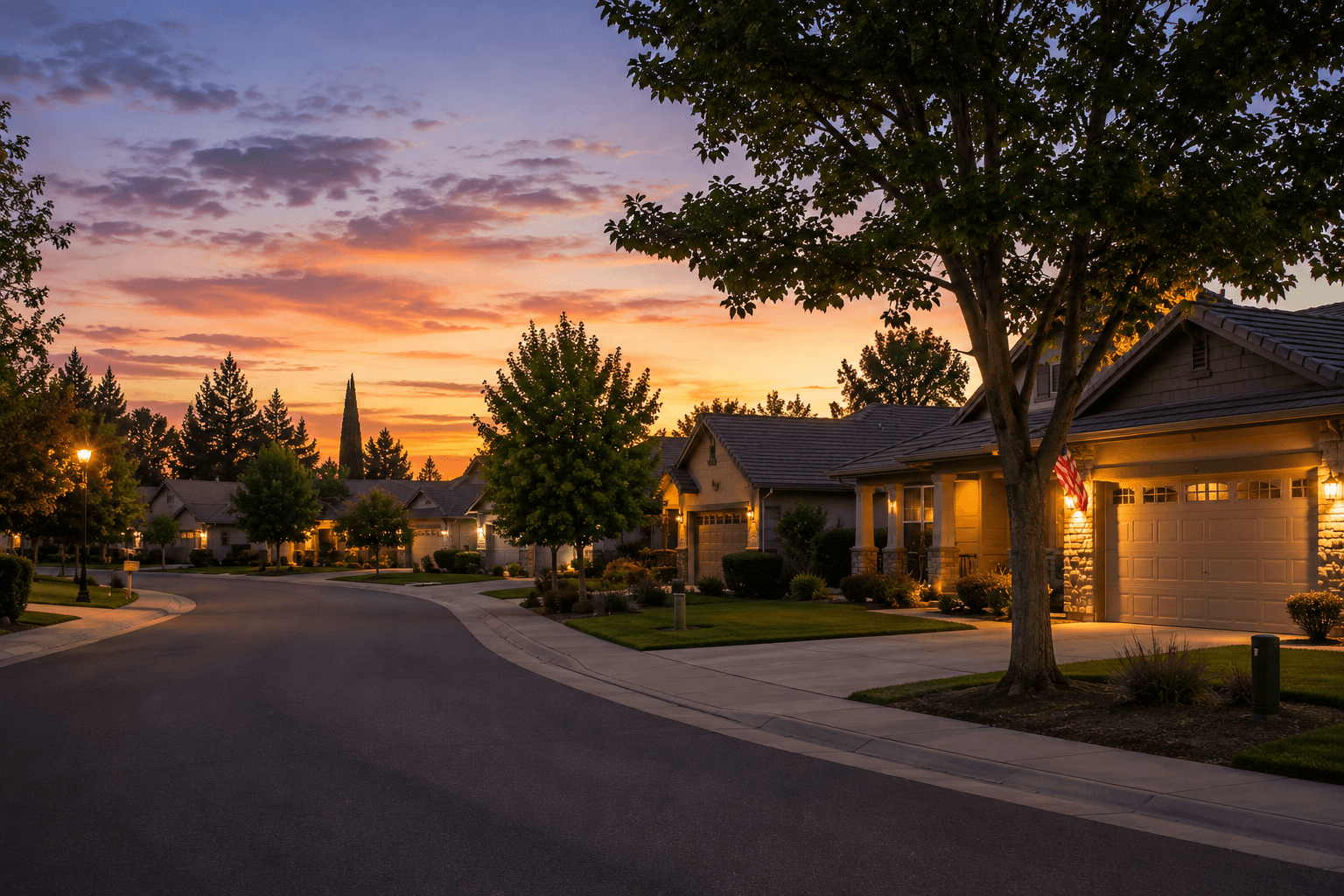 Quiet Sacramento-area suburban street at dusk with warm porch lights