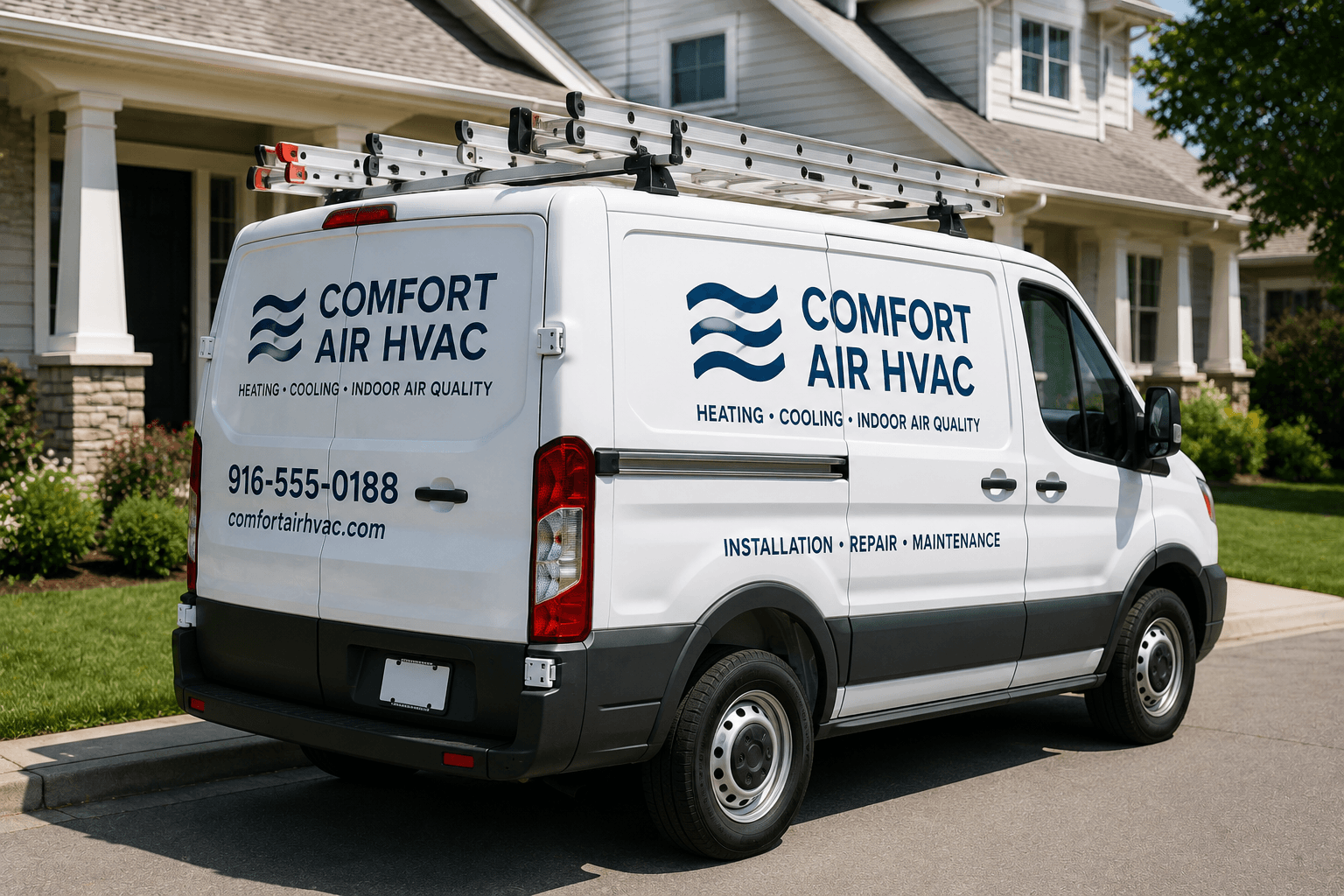 HVAC service van parked on a suburban residential street