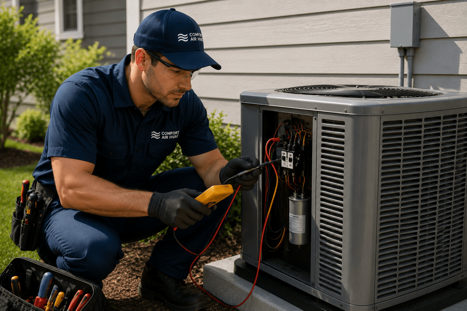 Technician testing electrical components on an outdoor HVAC unit with a multimeter