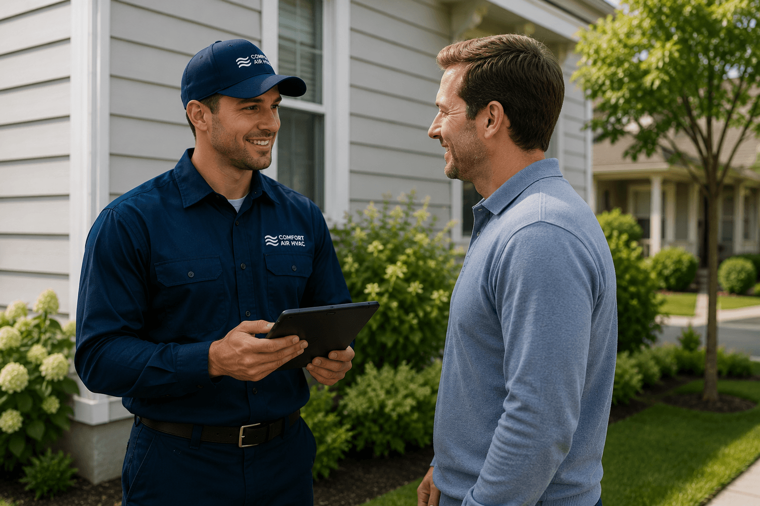 HVAC technician reviewing service details on a tablet with a homeowner outside their home