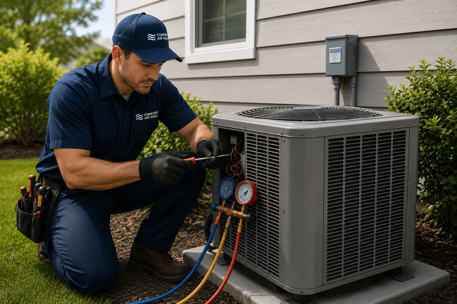 Technician performing maintenance on an outdoor air conditioning condenser